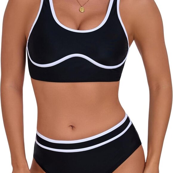 Women’s High Waisted Bikini Sets Sporty Two Pieces Swimsuit Color Block Bathing - Picture 1 of 6
